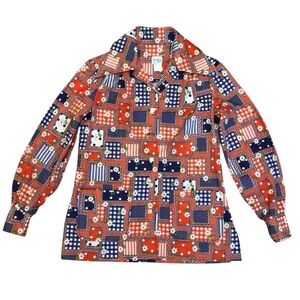 Fred Lief Dallas Vintage 70s Patchwork Blouse Red White Blue Button Front Size 8